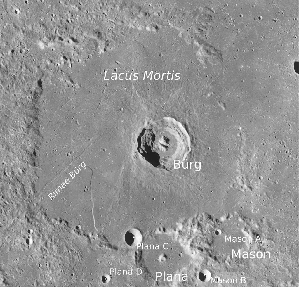 Lacus Mortis (L34 del Lunar 100) fotografiado desde la órbita lunar